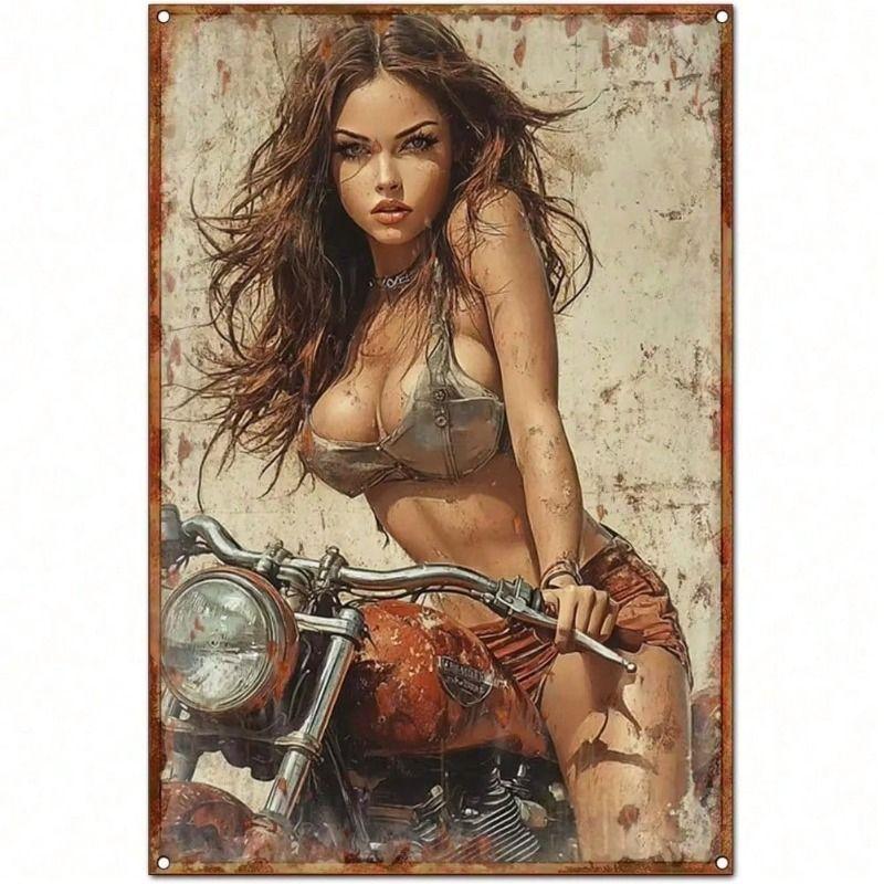 Vintage Metal Poster Girl Motorcycle Wall Art Decor Gift