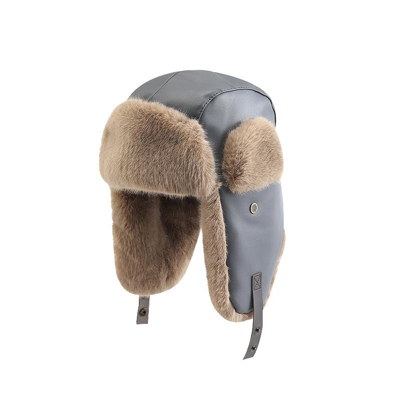 Leather Lei Feng hat, unisex, thickened for warmth, with ear protection, suitable for outdoor activities like skiing and cycling, and lined with