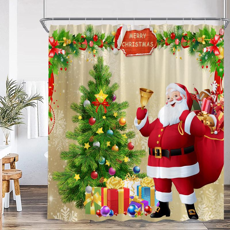 

Cute Snowman Christmas Shower Curtains Santa Claus Xmas Tree Truck Winter Forest Scenery Home Bathroom Decor Bath Curtain Set 90x180cm-35x70in