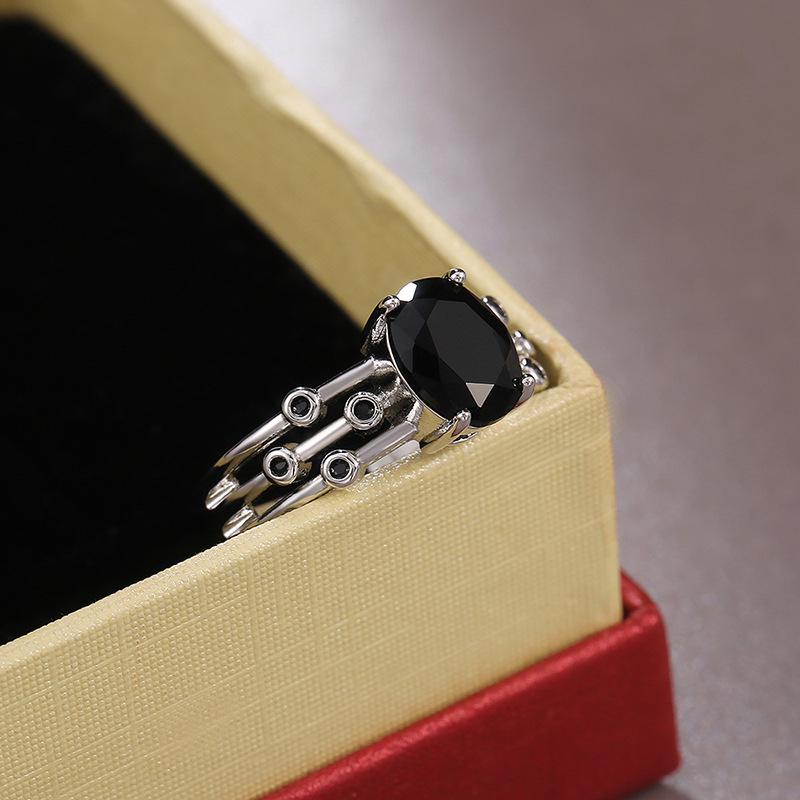 Black Stone Women's Ring Fashion Three Rows Ball Accessories Paired with Simple Black Dress Girl Gift
