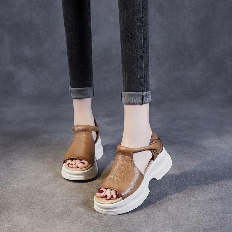 Fashion 5CM Summer Shoes Women Thick Heel Sandals New Design Hook&Loop Genuine Leather Open Toe Casual Platform Sandals Ladies Slippers