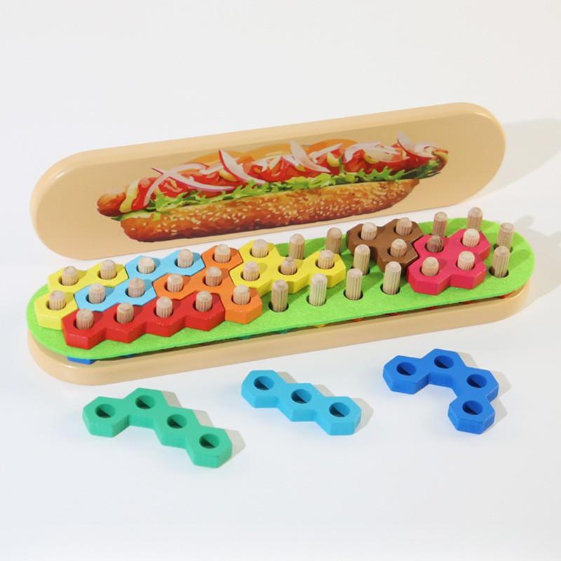 Wooden Children'S Educational Hot Dog Burger Set Column Building Block Puzzle Early Education Enlightenment Space Logic Thinking Training Toy
