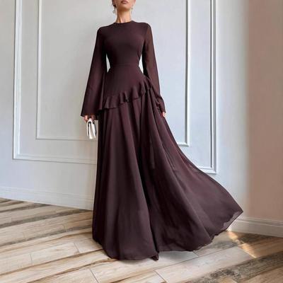 Höstens 2025 Högmidjad Satin Kvällsklänning - Rund Halsringning, Lång Ärm, Elegant Maxi