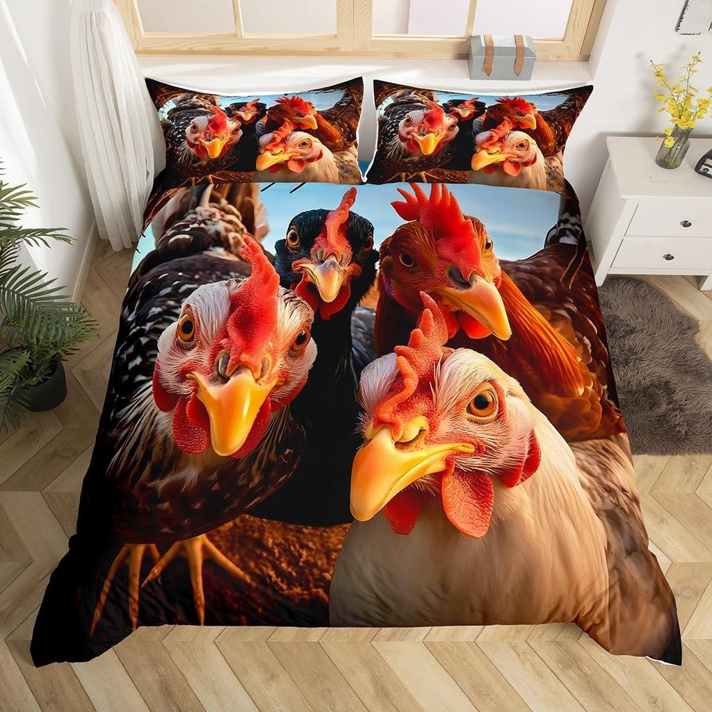 Rooster Duvet Cover Set Twin King Size,Watercolor Chicken Farmhouse Animal Bedding Set For Kids Boys Girls Floral Quilt Cover