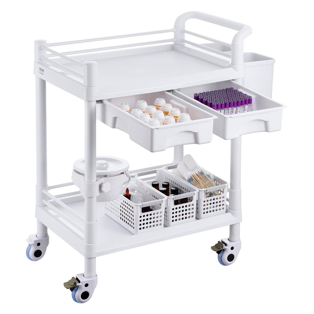 VEVOR Chariots de laboratoire à 2 niveaux, Chariot utilitaire de laboratoire avec 2 plateaux, 2 tiroirs et 4 roulettes silencieuses, Chariot médical mobile en matériau PP