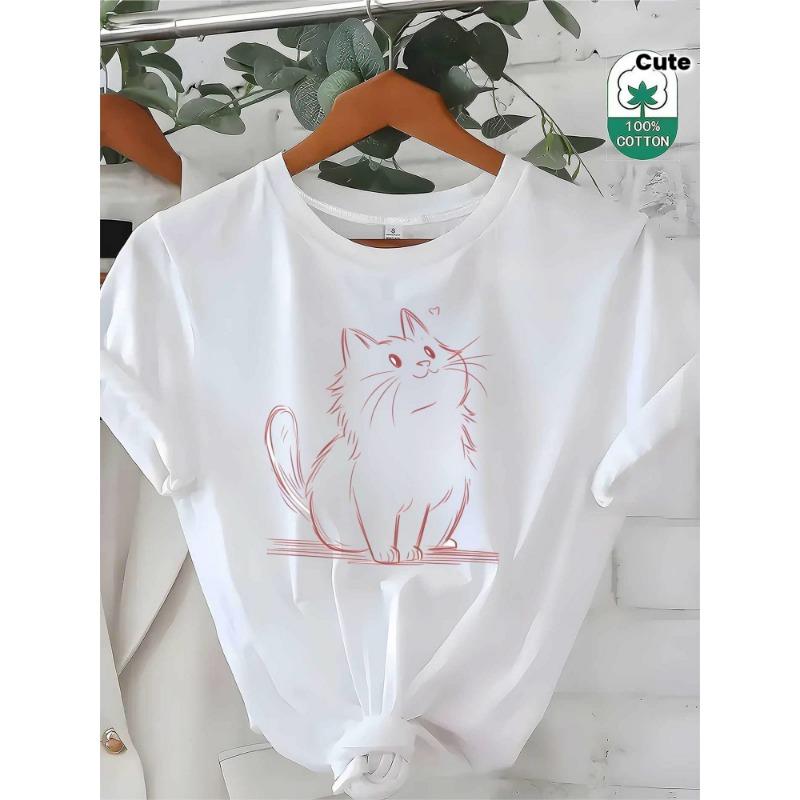 Fashionable Wo'S Summer T-Shirt | Cute Kitten Print, 180Gt Pure, Black and White, Regular Fit, Comfortable and Elastic, Short Sleeve,
