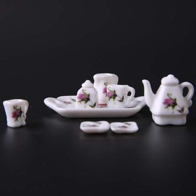 8pcs 1:12 Dollhouse Miniature Dining Ware Coffee and Tea Set Rose Flower Pattern
