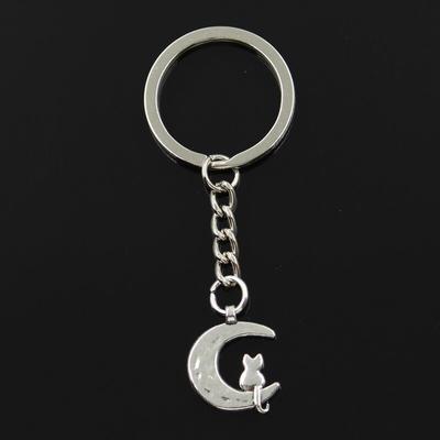 Fashion 30mm Key Ring Metal Key Chain Keychain Jewelry Antique Bronze   Plated Moon Cat 22x18mm Pendant