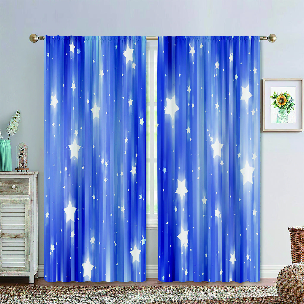 2pcs Fantasy Blue Night Starry Sky Printed Window Curtain - Rod Pocket Window Treatment for Home Decor and Room Decoration