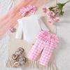 Conjunto de tres piezas de verano para niñas: pantalones largos a cuadros caqui con estampado de lazo de manga larga + diadema