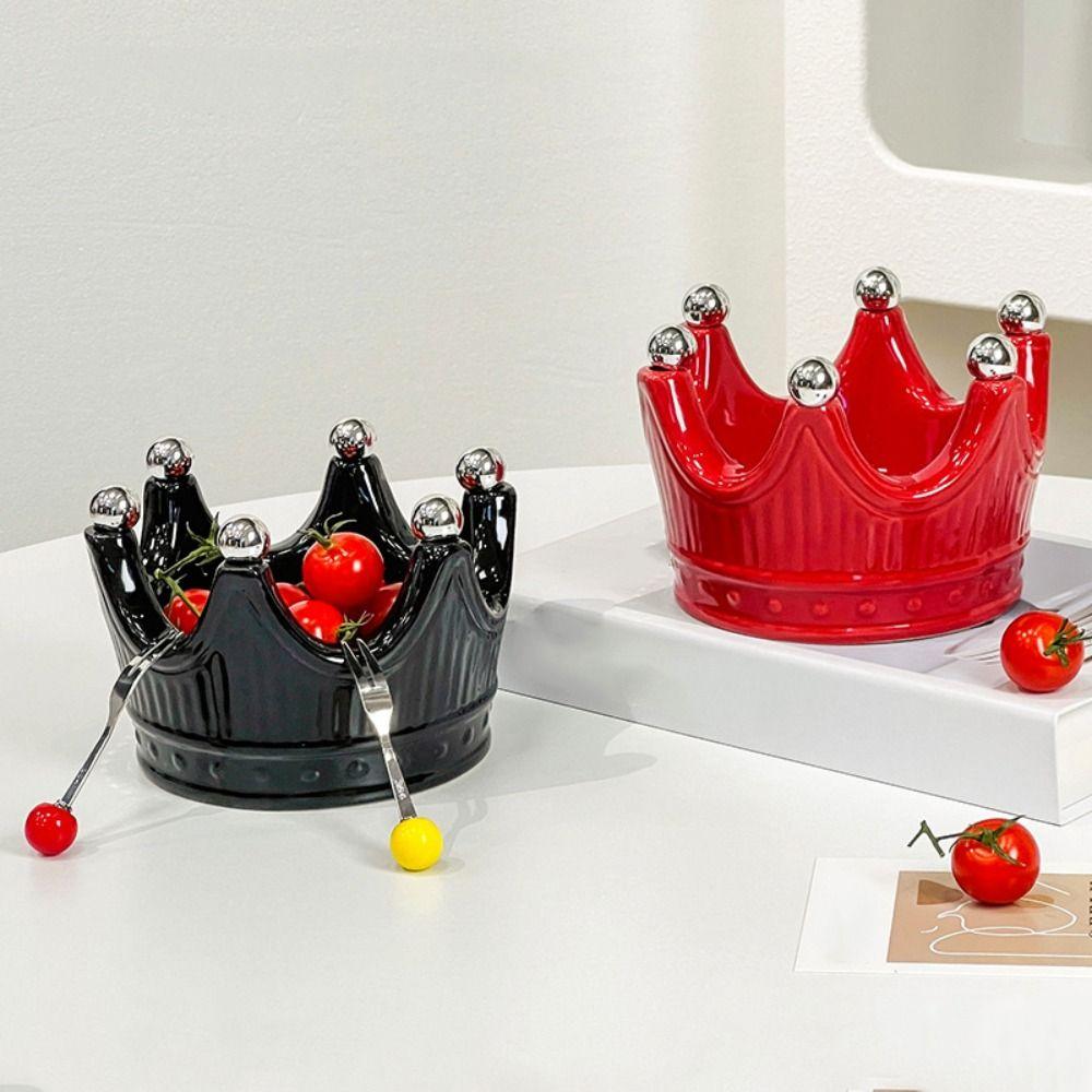 Ceramic Crown Fruit Fork Set Cute Creative Crown Fruit Tray with Fork Reusable Anti-scald Dessert Forks with Storage Jar