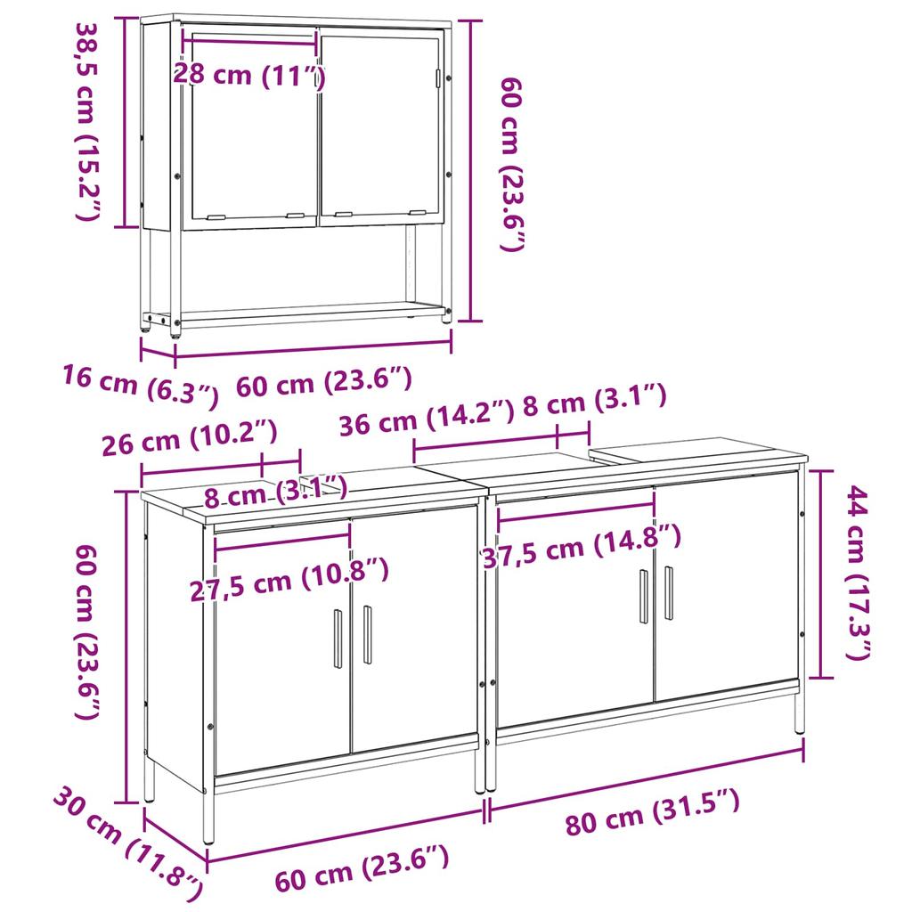 Bathroom Furniture Set with Shelf 3 Pcs Black Particle Board