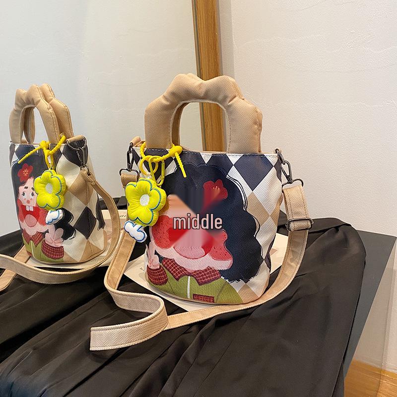 New Cartoon Graffiti Canvas Shoulder Crossbody Bucket Bag for Girls