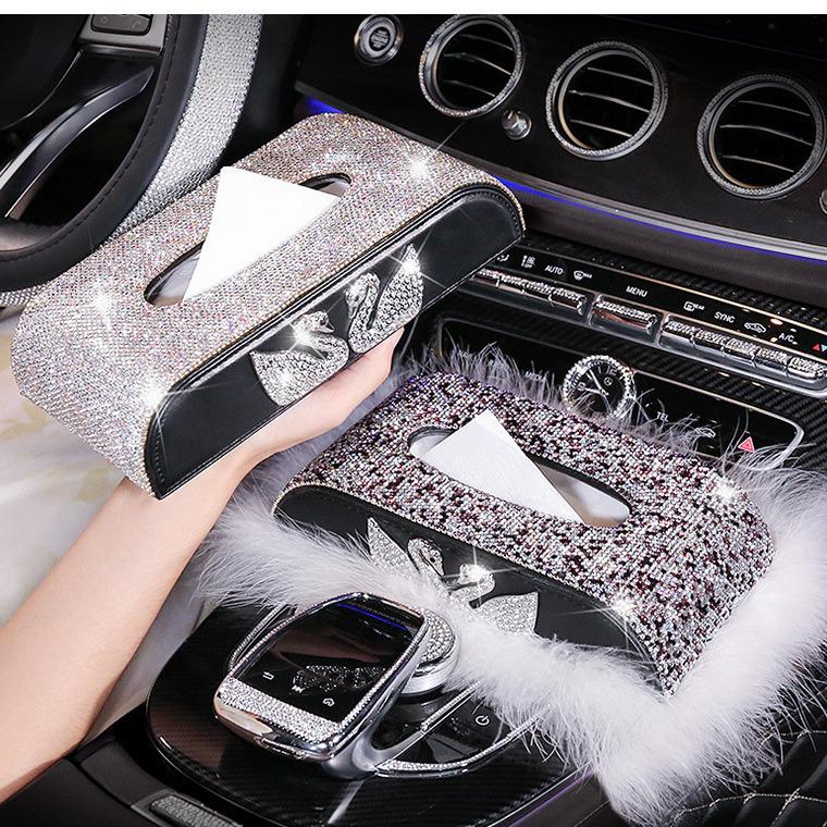 Swan Cartoon Car Tissue Box with Diamond Accents - Creative Cute Design