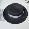 Luxury Elegant Women Summer Straw Hat Flat Top Boater Cap Folds Silk Pearl Decor Hand Weave Wide Brim Sun Hat Panama Fedora