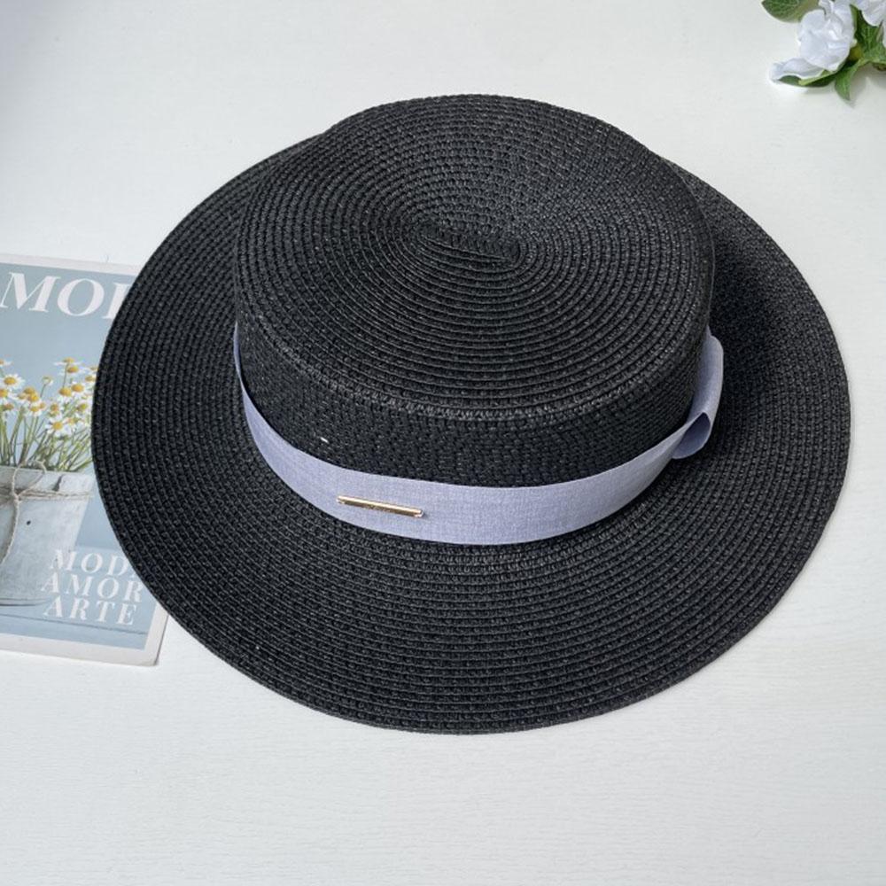 Luxury Elegant Women Summer Straw Hat Flat Top Boater Cap Folds Silk Pearl Decor Hand Weave Wide Brim Sun Hat Panama Fedora