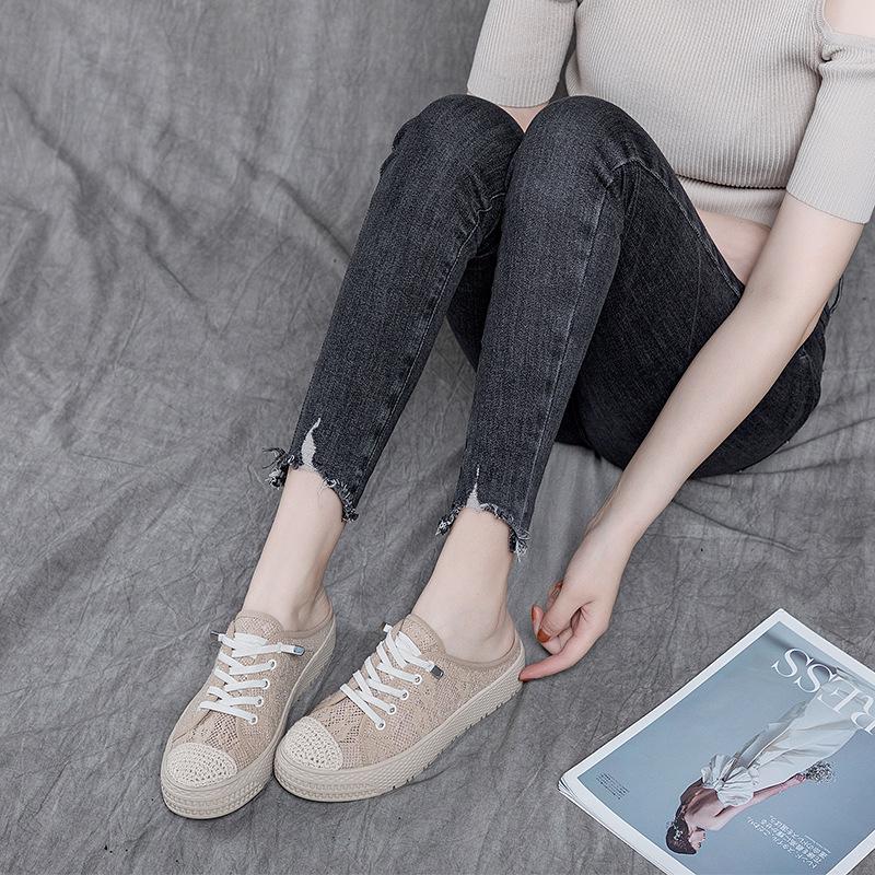 Fisherman shoes women's 2025 summer new breathable lazy one-pedal slippers casual flat lace fashion mesh shoes