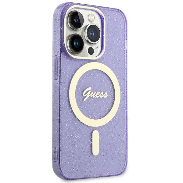 Etui do iPhone 14 Pro Guess Glitter Gold MagSafe Purpurowe