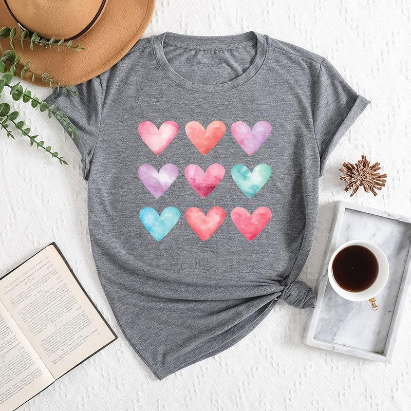 Summer Women's Plus Size Color Heart Print Loose Round Neck Casual Pure Cotton Short Sleeved T-shirts Women's