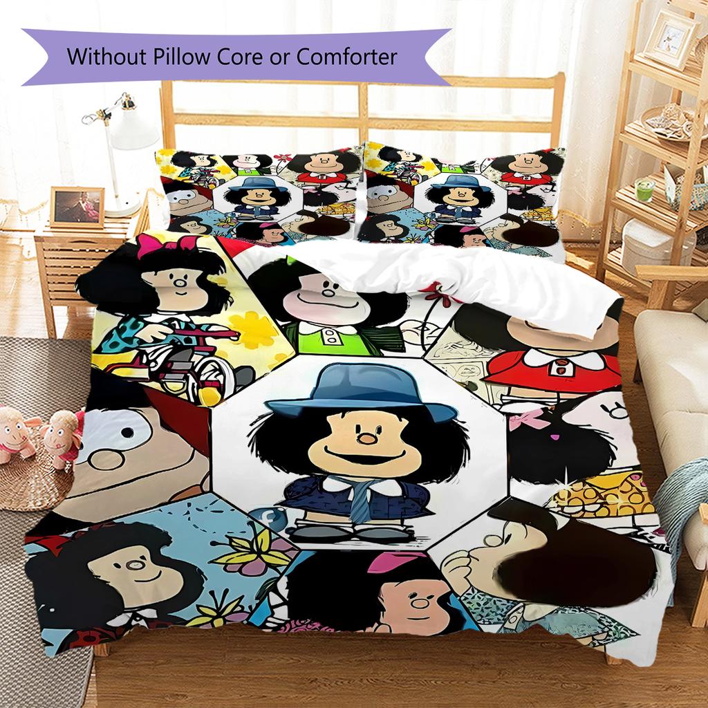 Pościel z wzorem Mafaldy, Zestaw kołdry Poszewka na kołdrę Poszewka na poduszkę Domowy prezent urodzinowy (1 * poszwa na kołdrę + 2 * poszewki na poduszki, bez rdzenia)