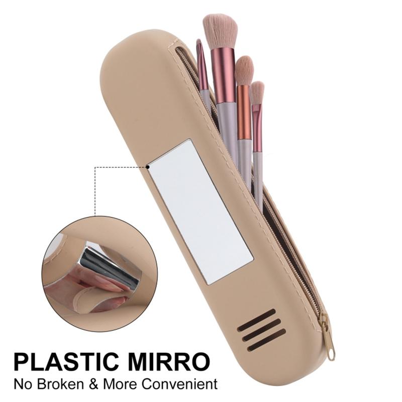 

Mirror Design Travel Makeup Brush Holder Portable Silicone Cosmetic Bag (with Lanyard) Beige