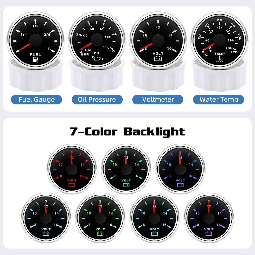 12V24V Universal 52MM 4 Gauge Kit with 2 Sensor Water Temperature + Oil Pressure + Fuel Level + Voltmeter For All Vehicle Marine