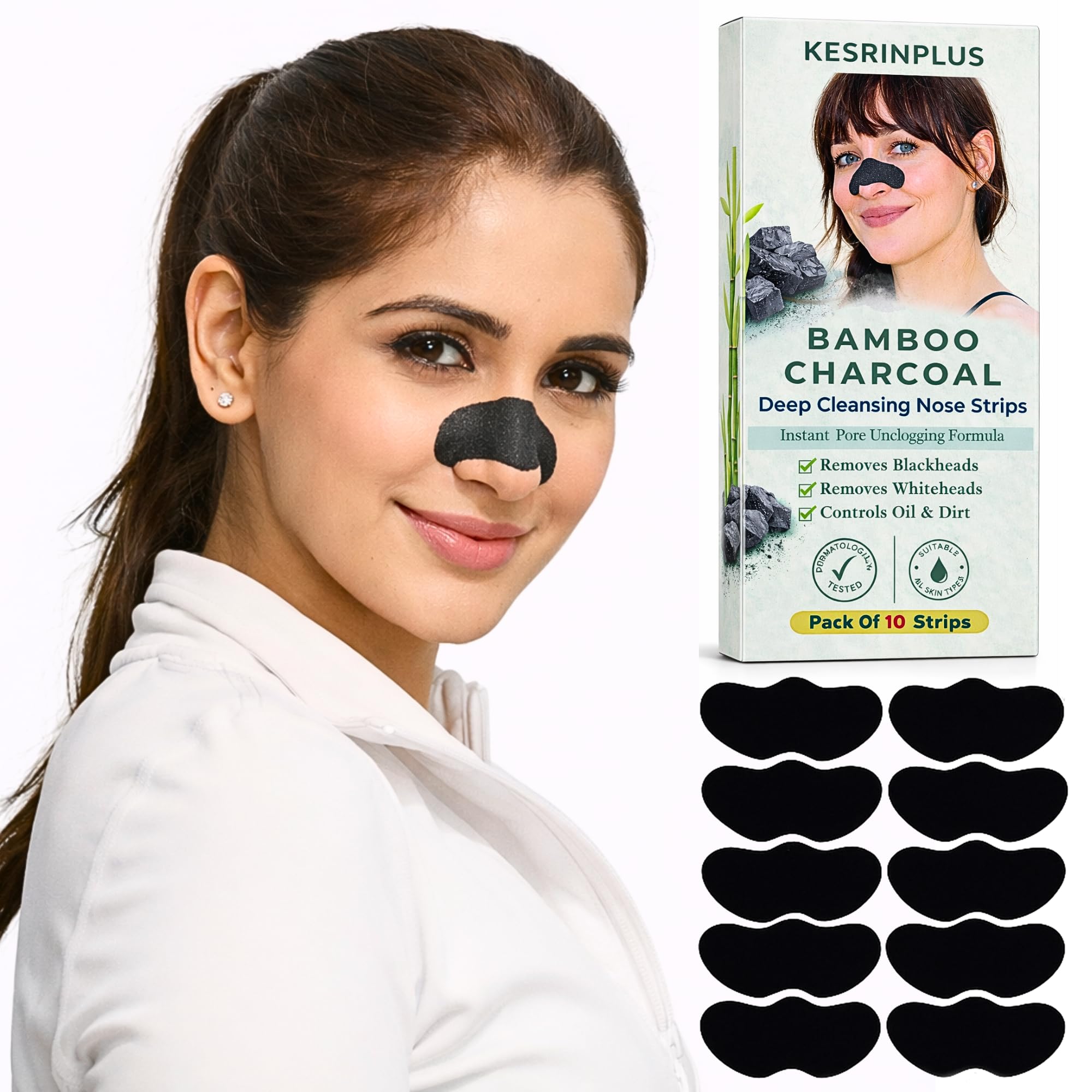 Kesrinplus Bamboo charcoal Nose Pore Strips| Painless Blackhead Removal | Oil & Dirt Absorbing | 10 PCS