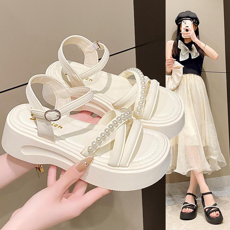 

Thick-soled one-word buckle with muffin bottom casual women s shoes open-toed high-heeled beaded women s sandals 40