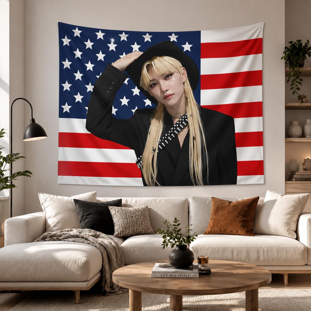 K-Pop Boy Idol Portrait Tapestry American Flag Background Flat Print Wall Hanging For Music Fans Bedroom Dorm Decor
