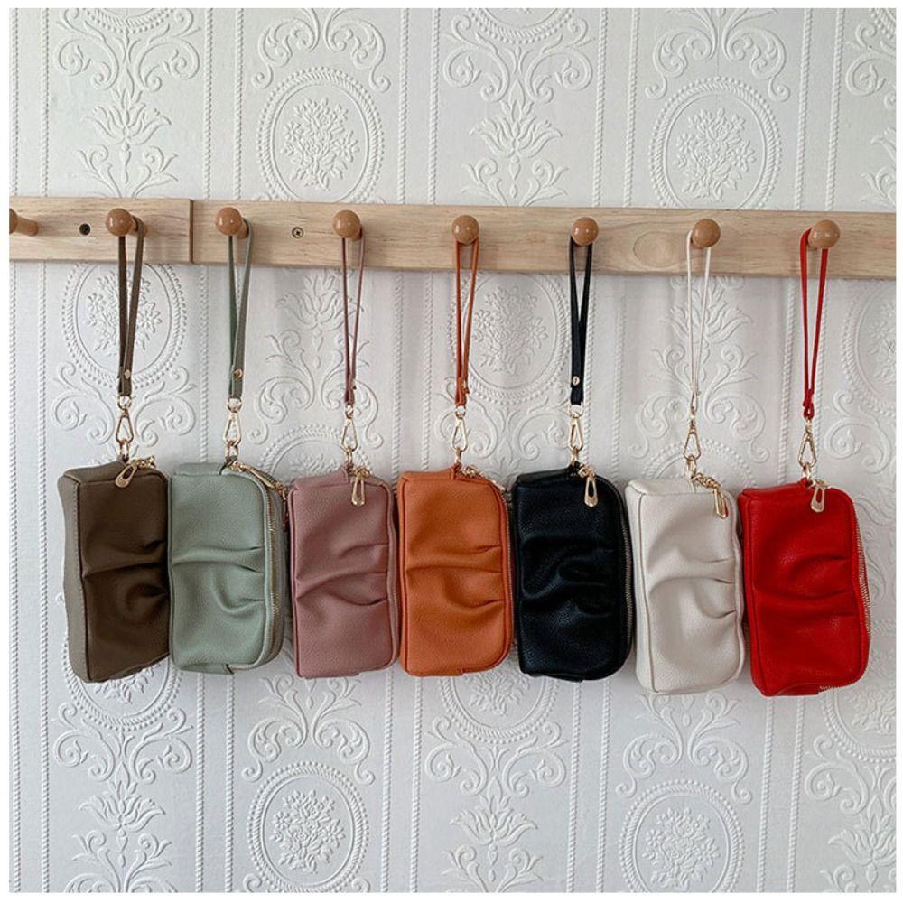 Portable PU Leather Women Long Wallet Double layer Large Capacity Shopping Wrist Bag Zipper Solid Color Handbag