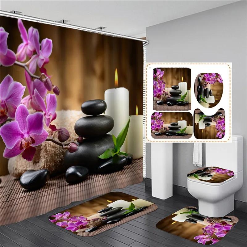 Full Set Bathroom Shower Curtain Set And Rugs Waterproof Fabric Furniture Accessory Zen Flow Water Bamboo For Bath Decoration