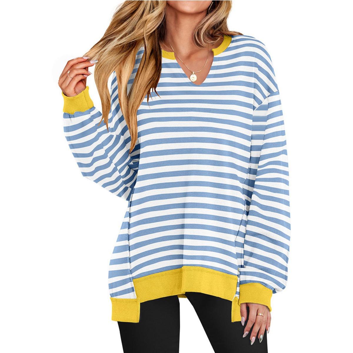 Women s Fall Winter Color Striped V-Neck Loose Sweatshirt, European American Cross-border Casual Hoodie S