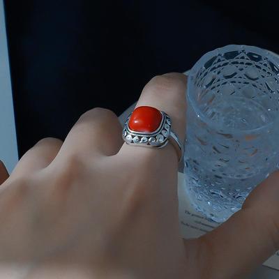 Adjustable Nan Hong Agate Ring with Tang Dynasty Pattern - Ethnic Chinese Retro Style