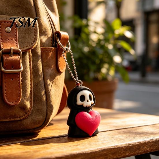 Grim Reaper Hanging Pendant Holding Heart Keychain Charm, 3D Printed Gothic Skull Decor with Ball Chain, Backpacks Bags Purse Decoration, Halloween