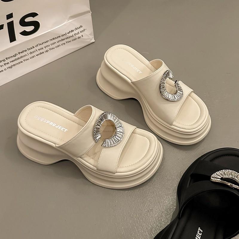 Premium niche thick-bottomed wedge slippers women's summer wear new versatile high-heeled rhinestone casual one-word sandals