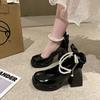 Autumn New Thick Heel Single Shoes Women's Round Head Shallow Mouth Butterfly Knot Beaded Platform High Heels