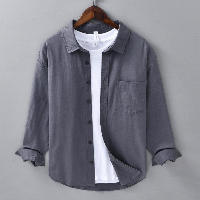 Camicia a Maniche Lunghe Primavera ed Estate Uomo Business Casual Cotone e Lino