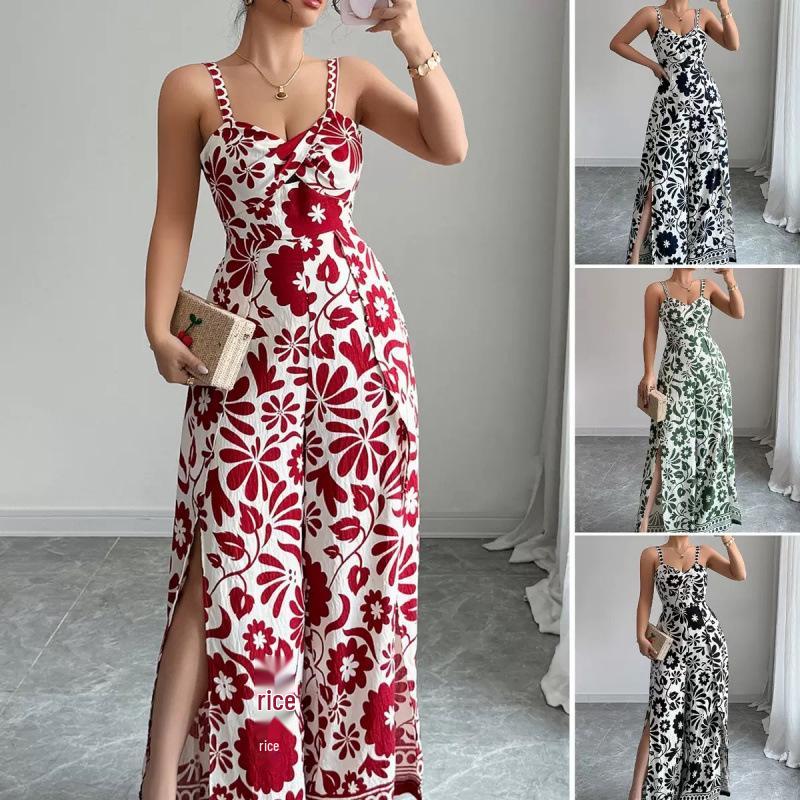 2025 Elegant Twist Print Spaghetti Strap Backless Jumpsuit with Wide Leg and Long Pants Skirt