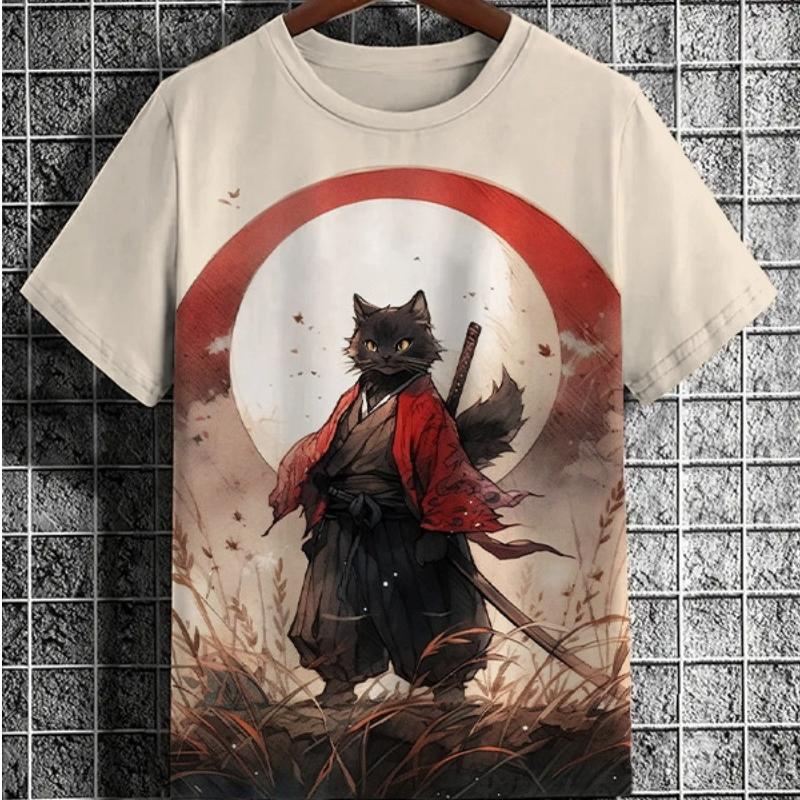 Maglietta da uomo in stile giapponese con grafica Samurai Cat, stampata in 3D, casual, a maniche corte, per esterni, abbigliamento da uomo oversize