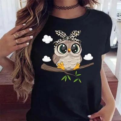 Women Print T-Shirt Girls Cute Cartoon Owl Black Casual Short Sleeved O-neck Harajuku T-shirts Graphic Shirts