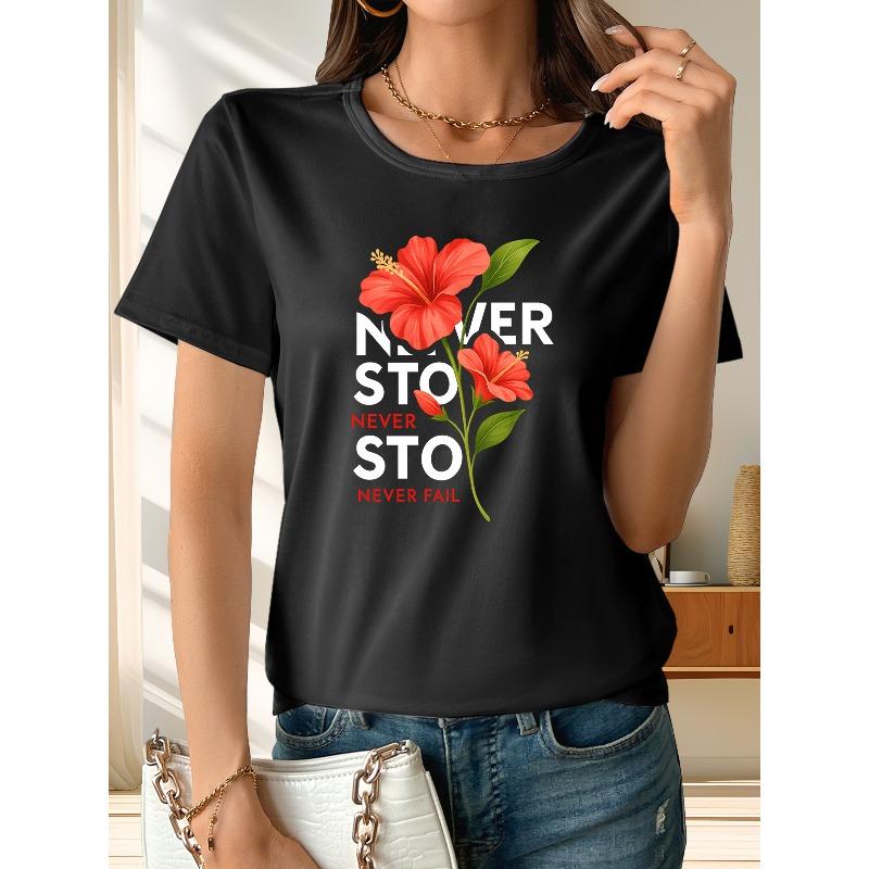 

Womens Never Fail Print Tee Floral Pattern Round Neck Short Sleeve Soft Breathable Stretch Polyester Machine Washable Versatile Casual Daily Top 4XL чорний