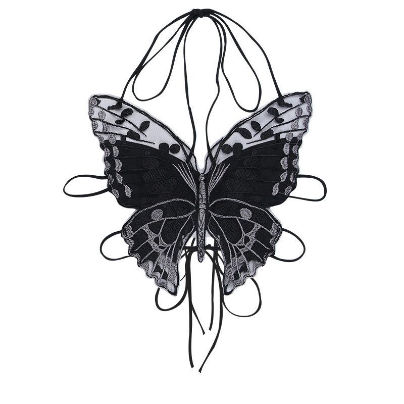 

W073Tp European and American Style Hot Girl Summer New Design Street Fashion Dark Butterfly Lace Halter Top Black W073Tp One size fits all