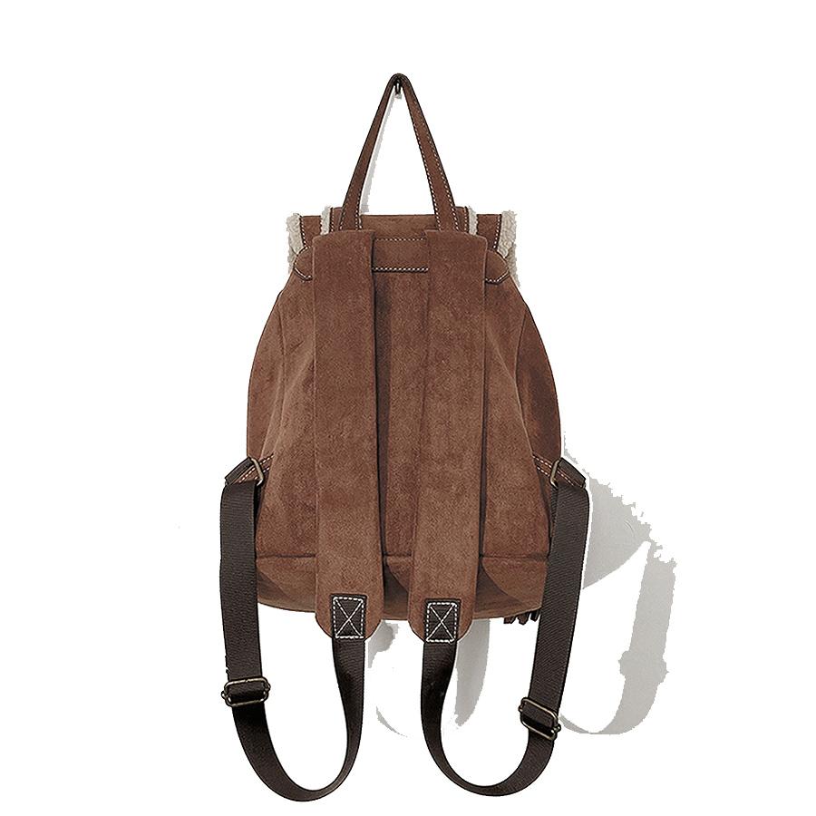 Vintage Furred Edge Drawstring Clamshell Backpack Women Lightweight Plush Schoolbag Suede Lamb Shoulder Bags Brown Rucksack Sac