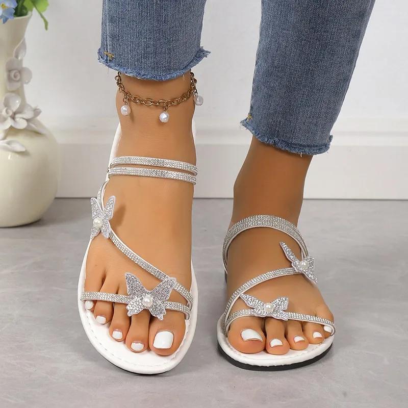 

Fashion Ladies Shoes 2025 New Open Toe Women s Slippers Fashion Crystal Butterfly-knot Daily Summer Plus Size Best Seller Flat Slippers 43 белый
