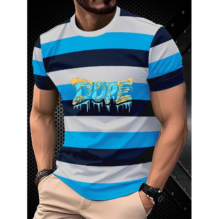 2026 Daily Casual Sports 3D Printed Letter Stripe Short Sleeve Round Neck T-Shirt Breathable Comfortable Men s Short Sleeve Top S
