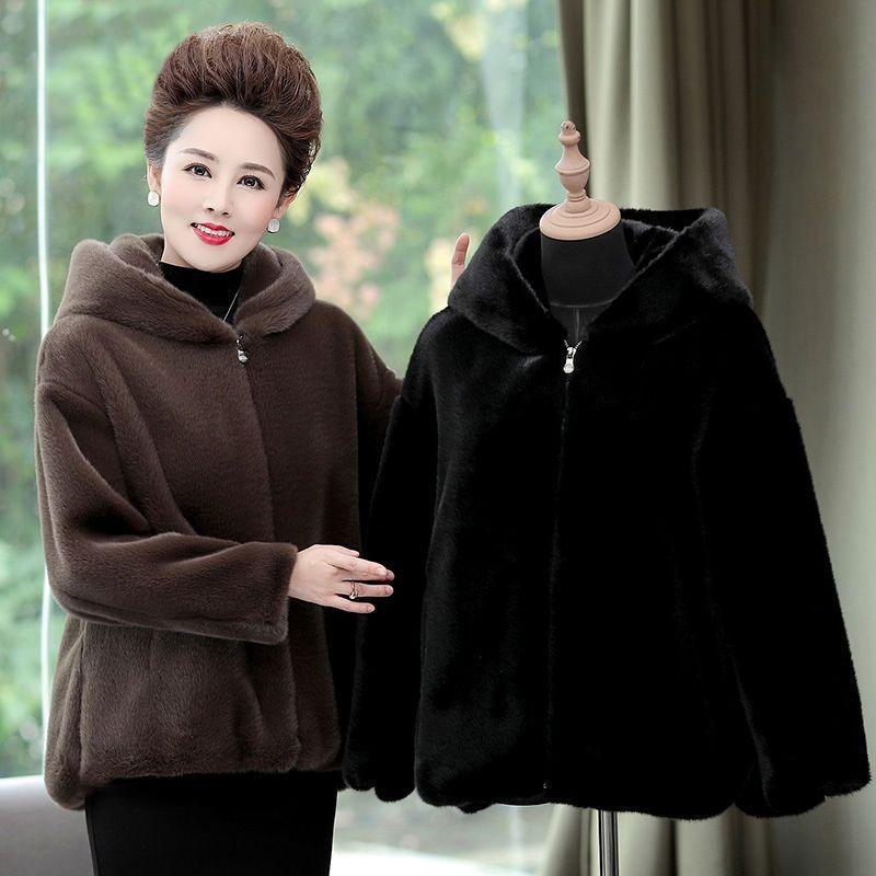 Autumn and Winter New Imitation Mink Velvet Fur Coat Women's Wide Too Hooded Medium and Old Imitation Mink Coat Cotton Coat Large Size