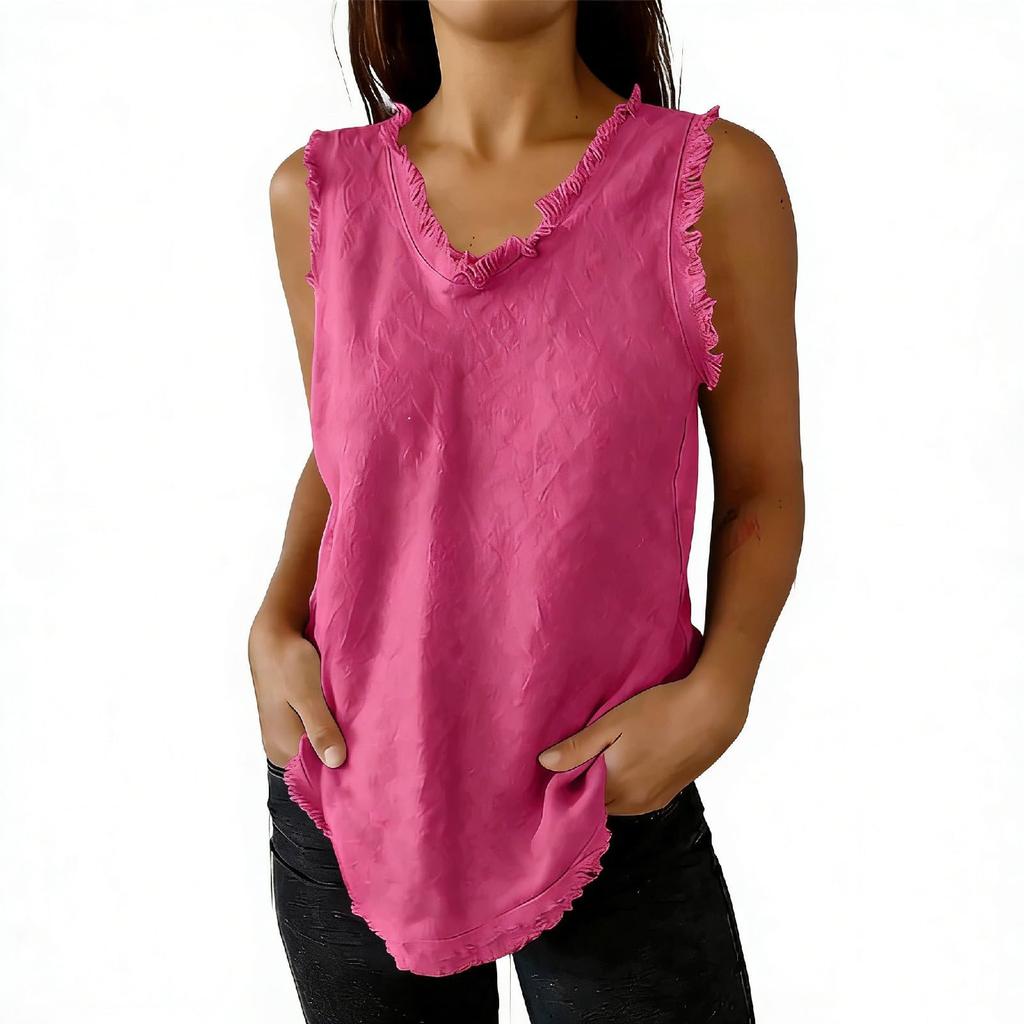 Women's Fashionable Color Round Neck Sleeveless Fringe Patchwork Casual Loose Cotton And Linen Top