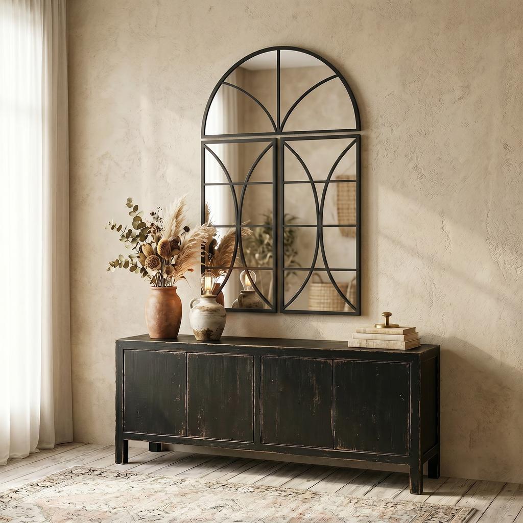 Arched Wall Mirror Set of 3, Window-Shaped, Tempered Glass, 80 x 120 cm, Black