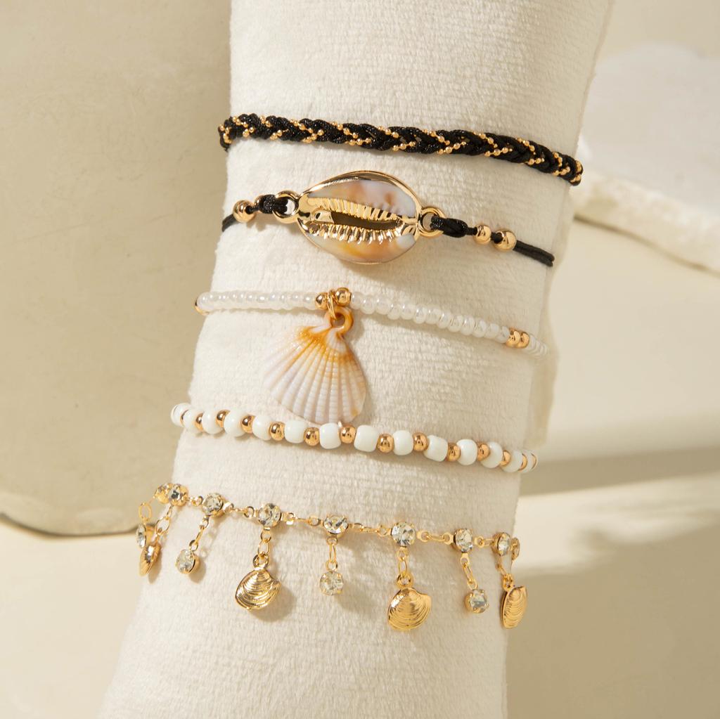 Accessories, handmade DIY rice bead shell multi-layer anklet, chain scallop anklet 5-piece set for women