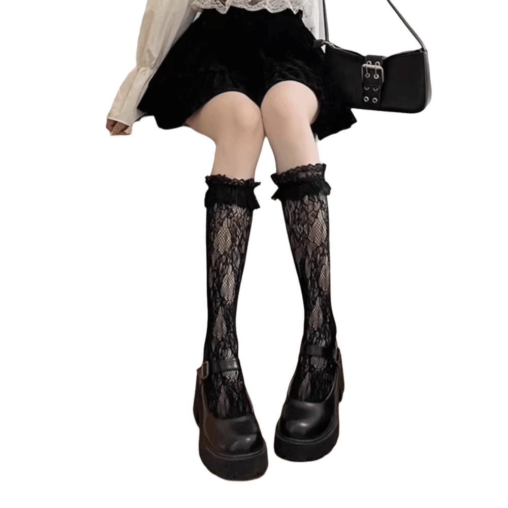 1Pair Ultra-thin Fishnet Socks Floral Print Mesh Stockings New Lace Mesh Socks Women чёрный